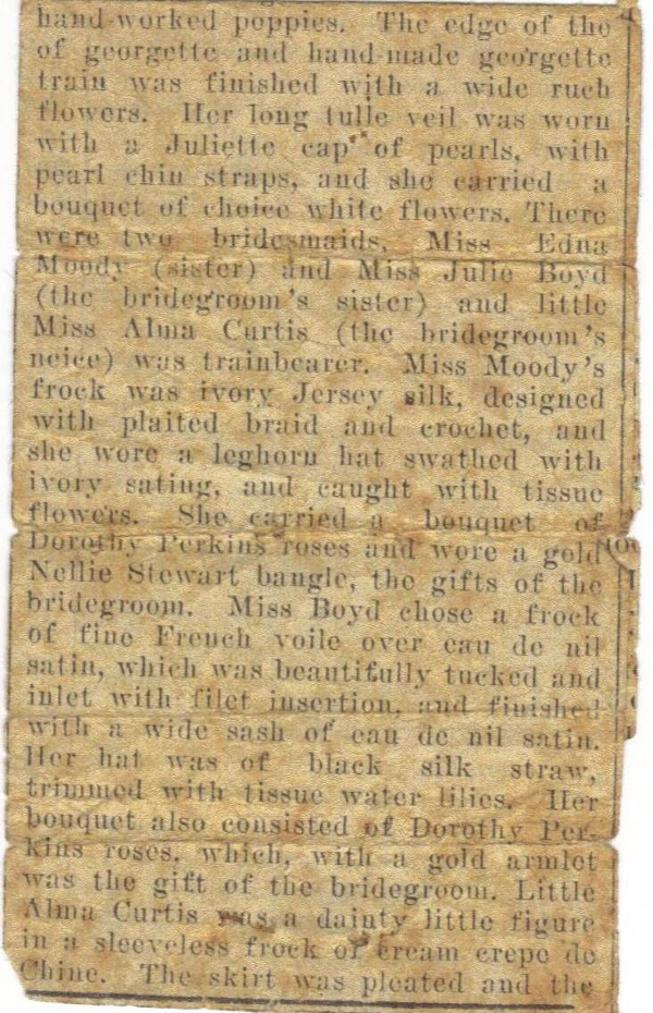 Fig. 7. Right. ‘Wedding Party’ (Moody/Boyd) 2 April, 1923 The Darling Downs Gazette (clipping). Nellie Stewart bangles are listed as gifts from the bridesgroom (my grandfather)