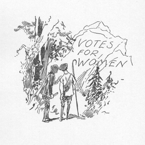 Line drawing of two men in hiking clothes looking at a boulder with Votes for Women carved on it.