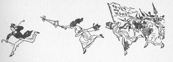 Drawing of women armed with parasols chasing one man across a blank page.