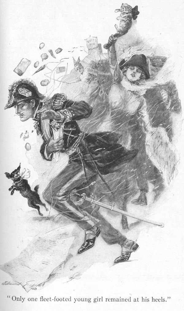 A woman in a cocked hat waving a cat in an upraised hand chases a man in a uniform. The caption reads "Only one fleet-footed young girl remained at his heels."