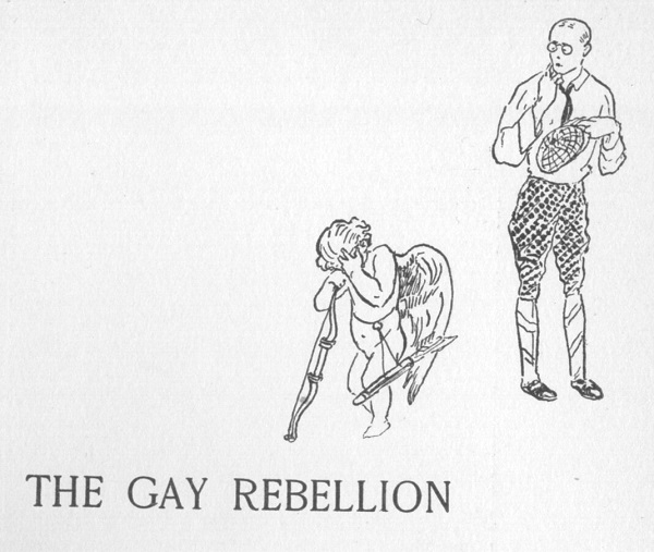 Title page of The Gay Rebellion with drawing of Cupid with a hand over his face and nervous-looking man in glasses behind him.