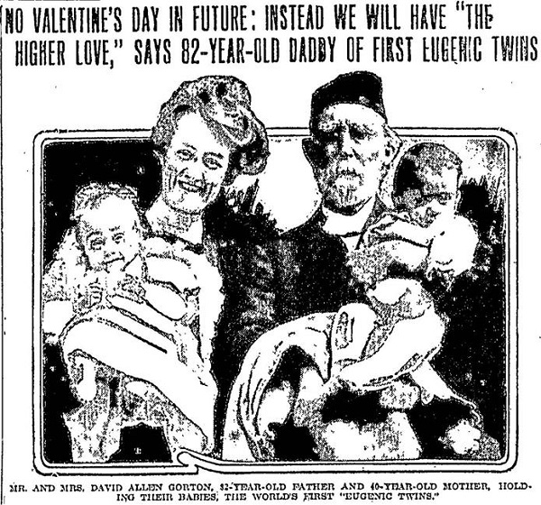 Illustration of Mr. and Mrs. Gorton each holding an infant.