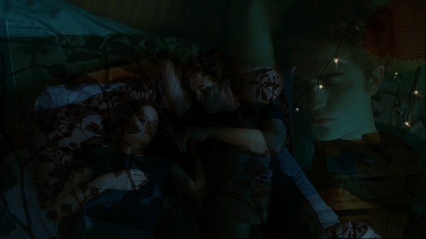 Transitional camera shot showing Edward and Bella asleep on a bed in a medium shot with a faint overlay of the upcoming close-up on them so that a larger faint image of Edward's face is also apparent.