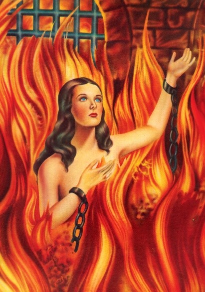 Image of the head, arms, and shoulders of a naked woman with brown hair surrounded by red and orange flames. Her wrists have chains around them.