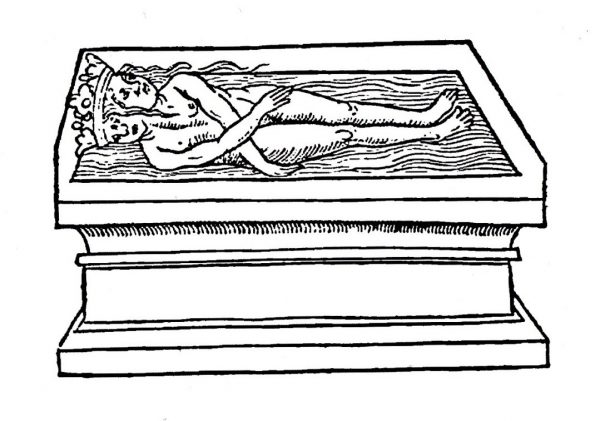 A black and white line drawing of a naked figure that is half male and half female lying on a platform.