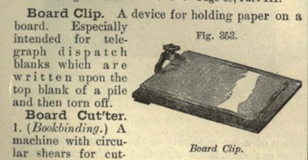 The illustration next to the Board Clip text in this image depicts a hard rectangular surface with a holder affixed to the top edge and protruding above it that does not appear to be a spring mechanism.
