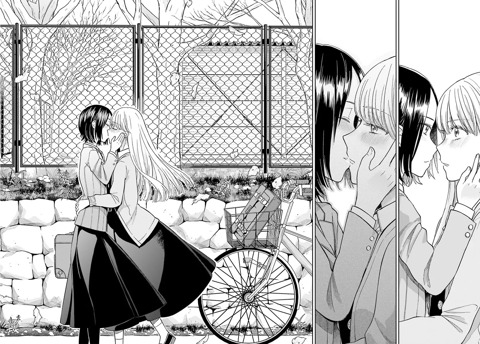 Figure 3: A double-page spread from Kiss and White Lily for My Dearest Girl, vol. 6, chapter 27, by Canno. (NB: Manga pages are read right to left.) The pages are in greyscale. The right page has two tall panels side-by-side that show two girls in close-up from the waist up. A girl with dark hair touches the cheek of a girl with light hair in one panel and they kiss in the next panel. The page on the left is a full-page image that shows a full-length image of the same two girls kissing while standing in front of a low wall topped by a chain link fence with the front part of a parked bicycle showing on the right of the image.