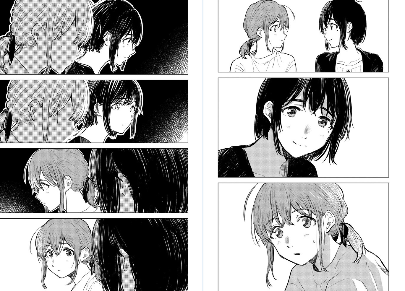 Figure 2: Two consecutive pages from A Tropical Fish Yearns for Snow, vol. 8, chapter 30, by Hagino Makoto. The pages are in greyscale. The first page (on the right) shows two girls from the shoulders up, one with light hair and one dark hair. In the top panel they exchange a look. The next panel down is a close up of the dark-haired girl's face while she is blushing, and the bottom panel is a close-up of the light-haired girl's face while she is blushing. The second page (on the left) shows the same girls in 4 panels, from the neck up. From top to bottom the panels show the progression of a shy look between the girls.